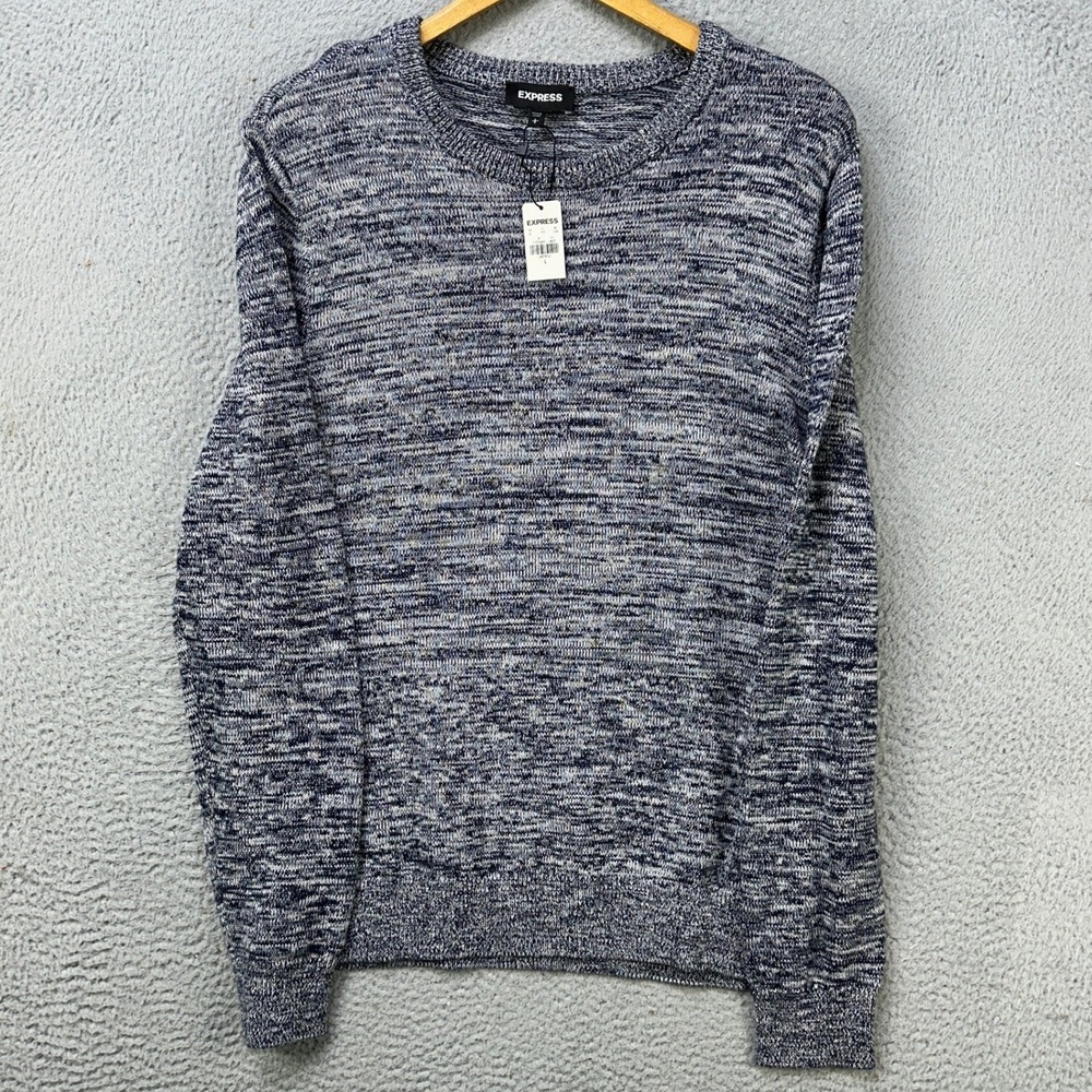 Express Sweater Crewnek Mens Large Blue Gray Heather Knit Long Sleeve Cotton NEW